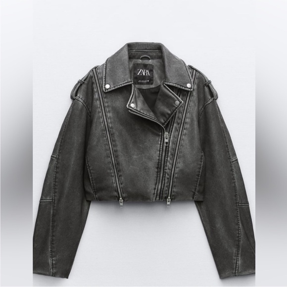 Zara Worn Effect Faux Leather Cropped Biker Moto Jacket Gray S - Picture 3 of 15
